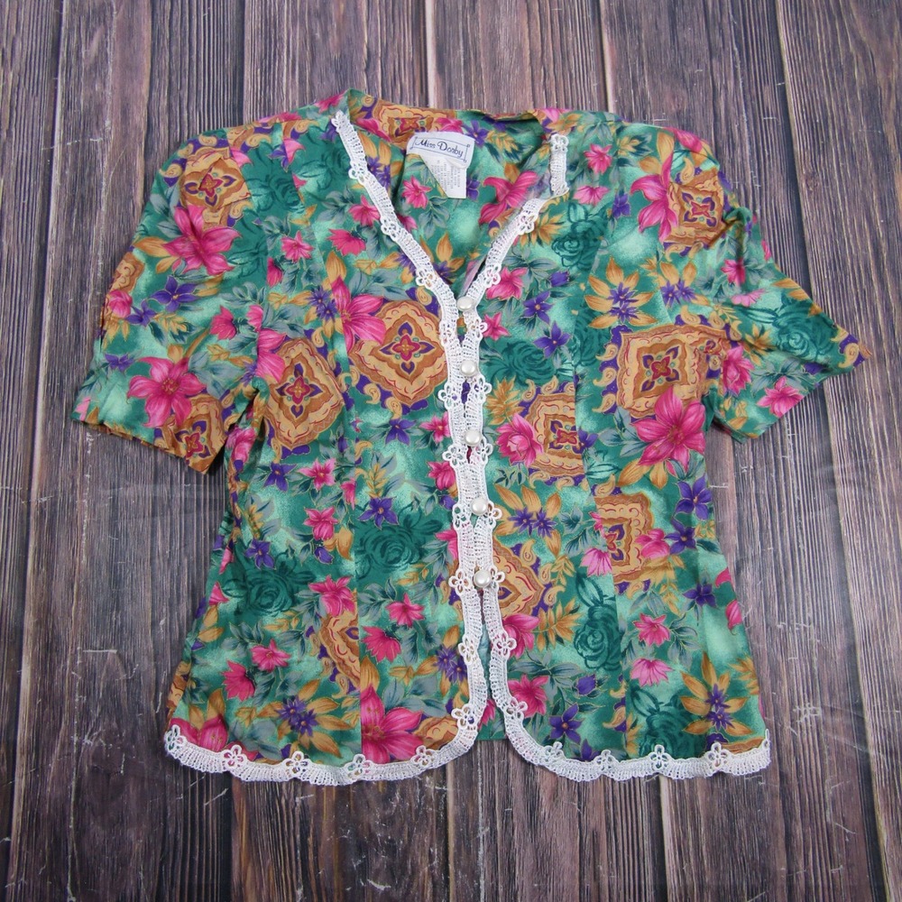 Miss Dorby Blouse Women 12 Green Floral Lace Trim Button Front Vintage Granny
